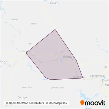 Mapa del área de cobertura de Lithgow Buslines