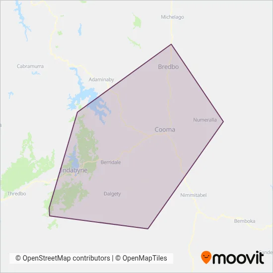 Mapa del área de cobertura de Cooma Coaches