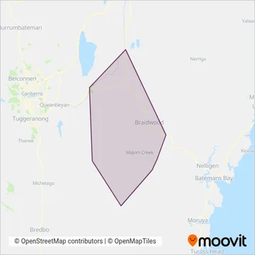 Mapa del área de cobertura de Braidwood Buses