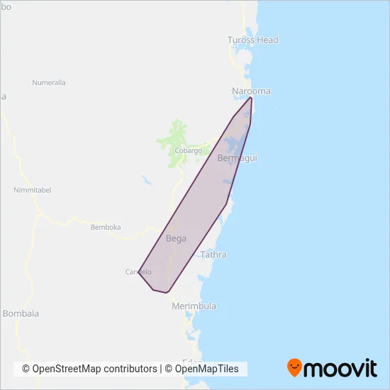 Mapa del área de cobertura de Symons Bermagui Bus Service