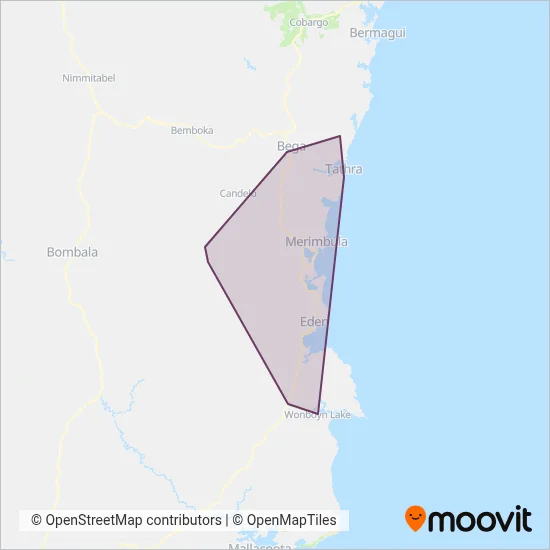 Mapa del área de cobertura de Sapphire Coast Buslines