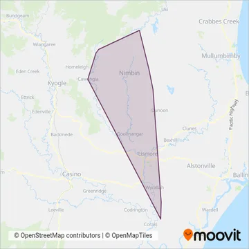 Mapa del área de cobertura de Quinns Buses