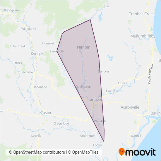 Mapa del área de cobertura de Quinns Buses