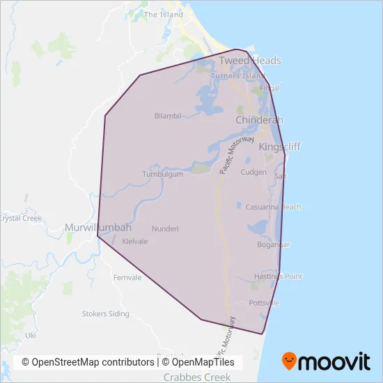 Mapa del área de cobertura de Surfside Buslines