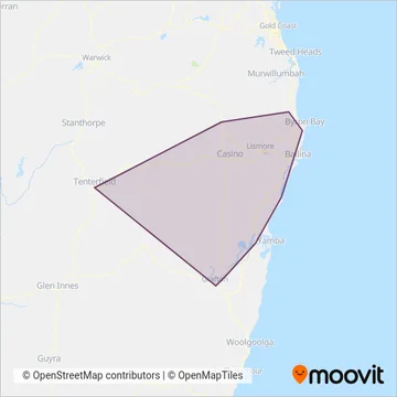 Mapa del área de cobertura de Northern Rivers Buslines
