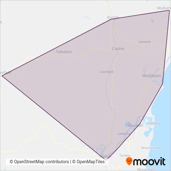 Mapa del área de cobertura de Northern Rivers Buslines