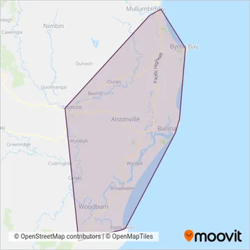 Mapa del área de cobertura de Ballina Buslines