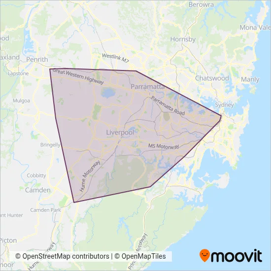 Mapa del área de cobertura de Transit Systems NSW