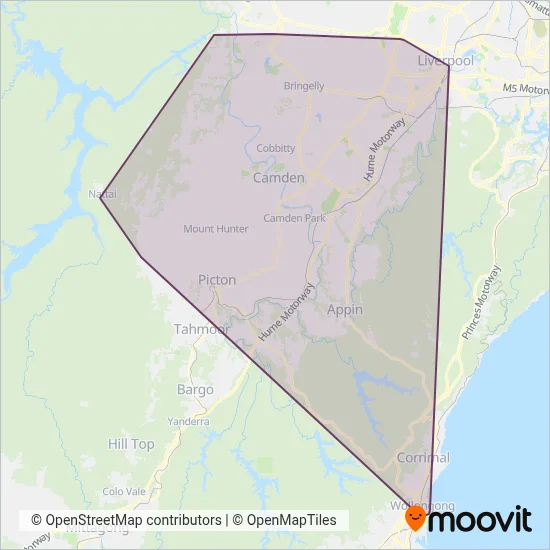 Mapa del área de cobertura de Transit Systems NSW SW