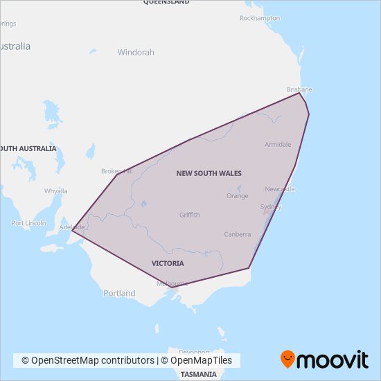 Mapa del área de cobertura de NSW TrainLink
