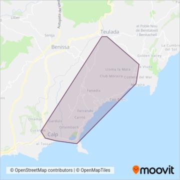 Mapa del área de cobertura de Calp - Autobuses Ifach