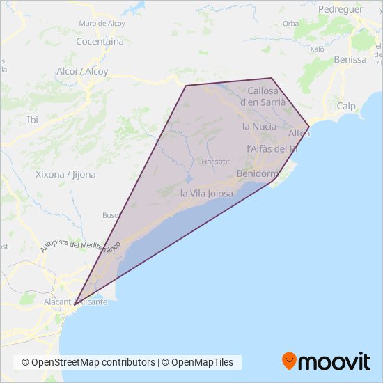 Mapa del área de cobertura de LLorente Bus Benidorm