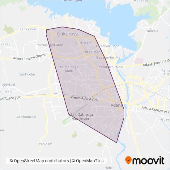 Adana S.S. Minibüs Kooperatifleri kapsama alanı haritası
