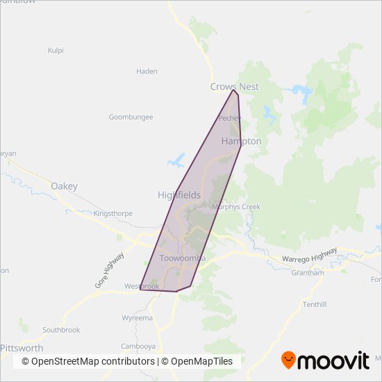 Mapa del área de cobertura de Bus Qld Toowoomba