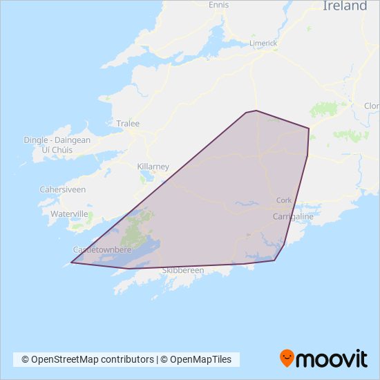 Carte de la zone de couverture de TFI Local Link Cork