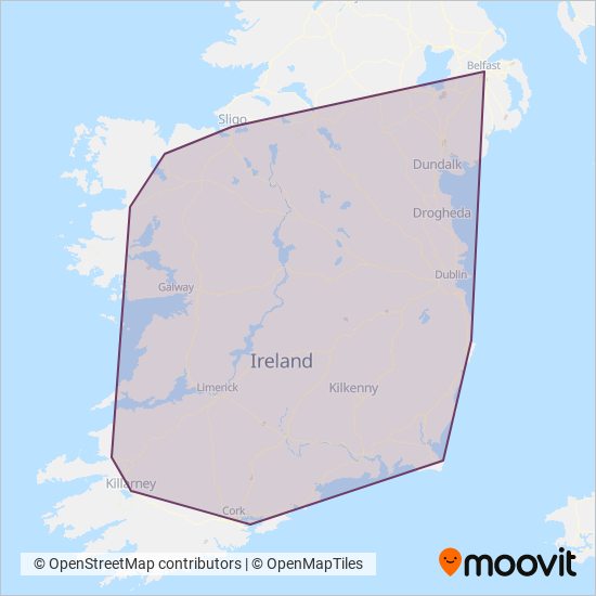 Carte de la zone de couverture de Irish Rail