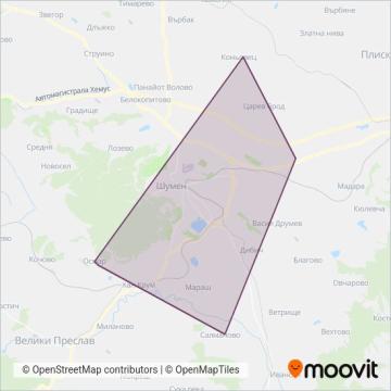 Карта на района на покритие на Шумен – Пътнически Автотранспорт ООД