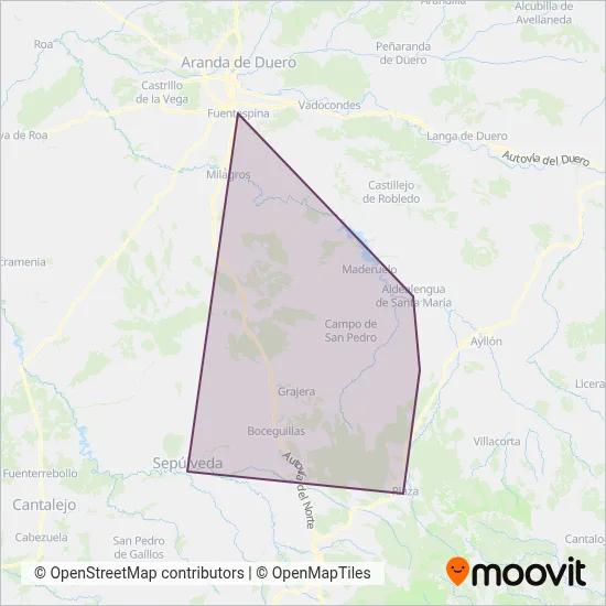 Mapa del área de cobertura de Autocares Víctor Bayo