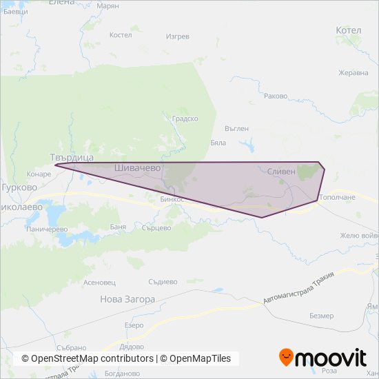 Карта на района на покритие на Пътнически превози ЕООД - Сливен