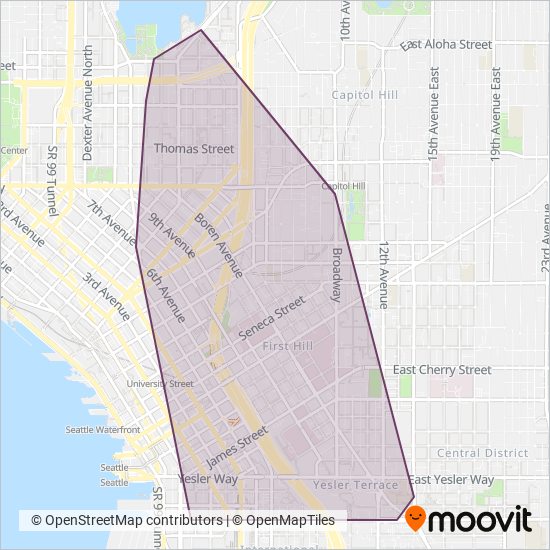 Mapa del área de cobertura de Seattle Streetcar