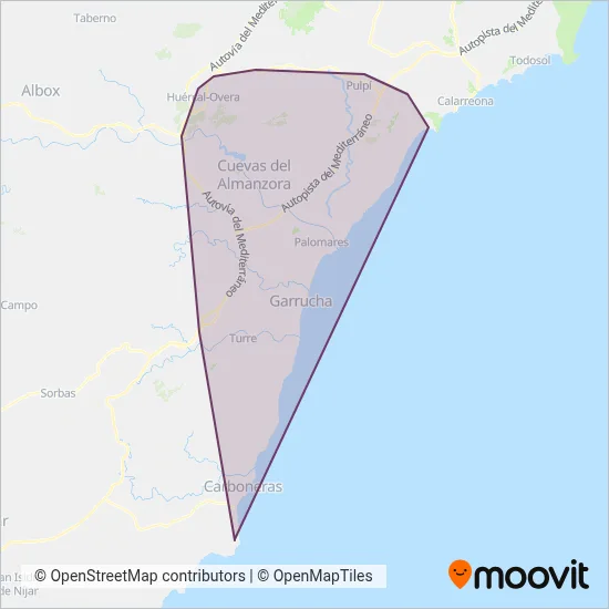 Mapa del área de cobertura de Autocares Baraza