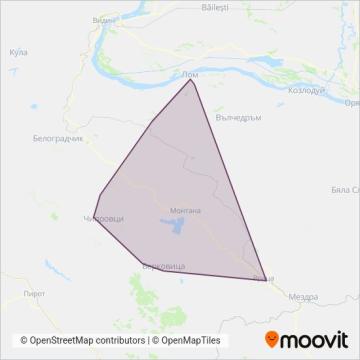 Карта на района на покритие на Градски транспорт Монтана