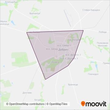 Карта на района на покритие на Градски транспорт Добрич