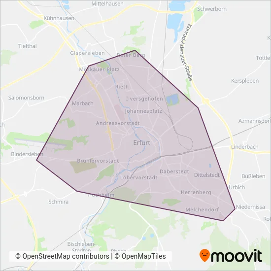 Erfurter Verkehrsbetriebe AG (Tram) coverage area map