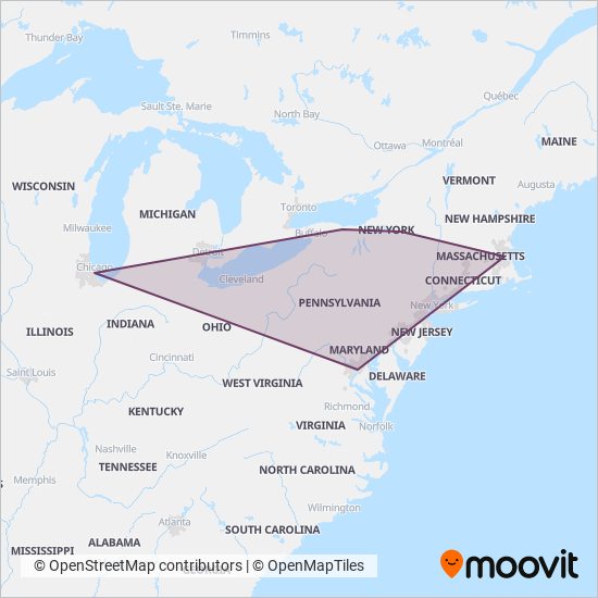 Mapa del área de cobertura de Amtrak