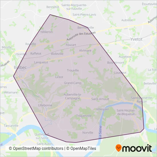 Carte de la zone de couverture de Rézo'Bus (Bolbec, Lillebonne, Port-Jérôme, Caux Seine Agglo)