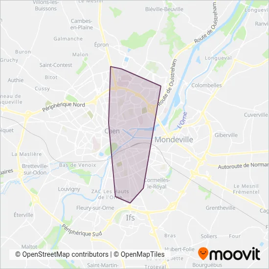 Carte de la zone de couverture de Twisto (Caen la mer) - Tram