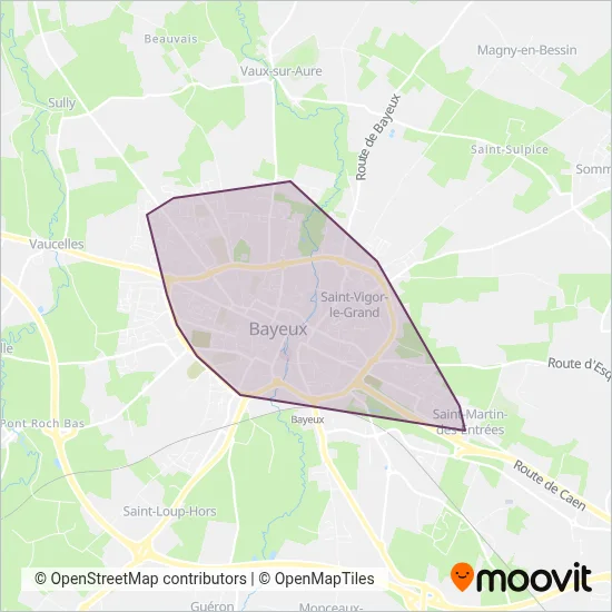 Mapa del área de cobertura de Bybus (Bayeux Intercom)