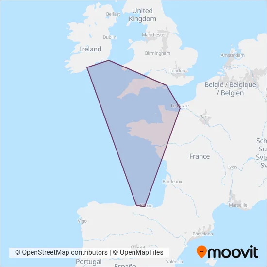 Carte de la zone de couverture de Brittany Ferries