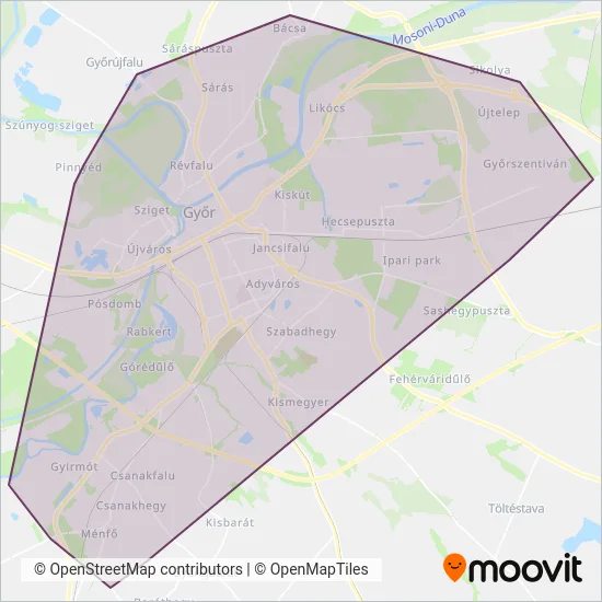Volánbusz Zrt. Győr coverage area map