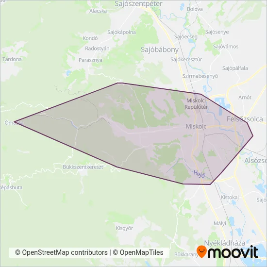 MVK Zrt. (Miskolc) - Bus coverage area map