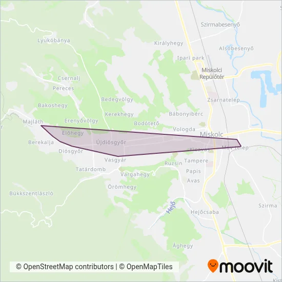 MVK Zrt. (Miskolc) - Tram coverage area map