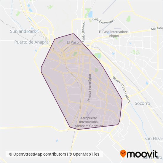 Mapa del área de cobertura de Movilidad de Ciudad Juárez