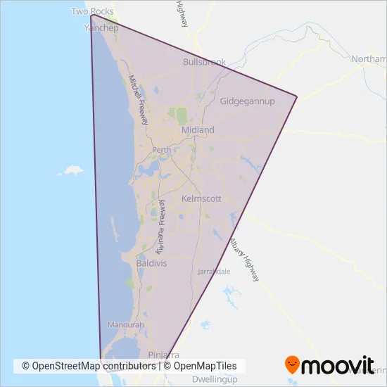 Mapa del área de cobertura de Transperth