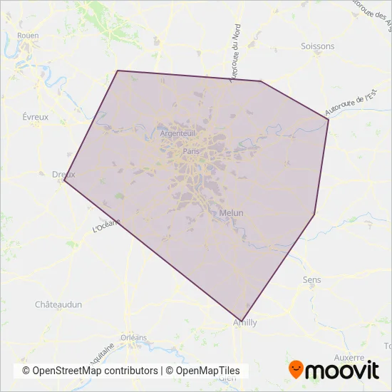 Carte de la zone de couverture de Train Bus de remplacement