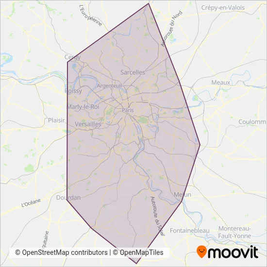 Mapa del área de cobertura de RER Bus de remplacement