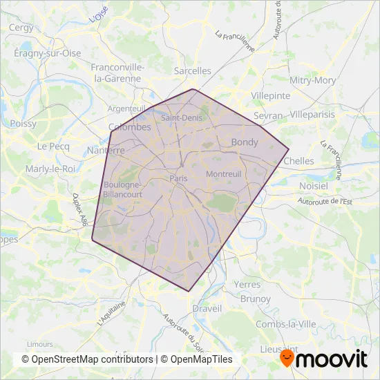 Carte de la zone de couverture de RATP (Tram)
