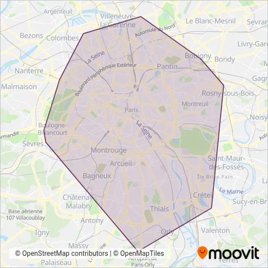 Carte de la zone de couverture de RATP (Métro)