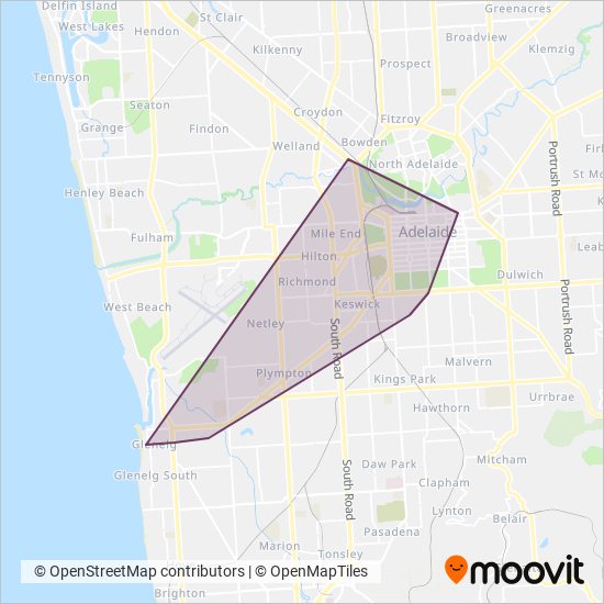Mapa del área de cobertura de Adelaide Metro (Torrens Connect)