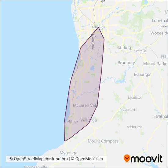 Mapa del área de cobertura de Adelaide Metro (Busways)