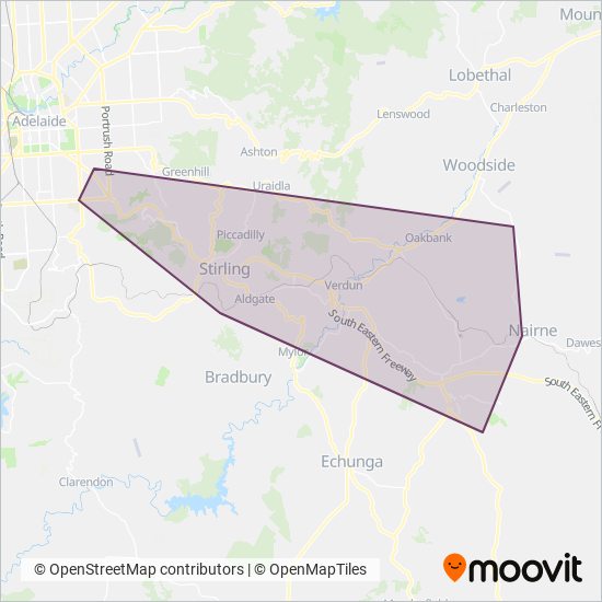Mapa del área de cobertura de Adelaide Metro (School Service - SouthLink)