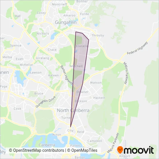Mapa del área de cobertura de Canberra Metro Operations