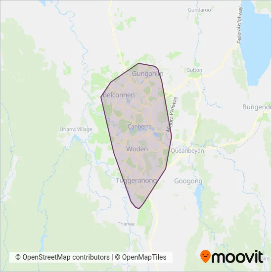 Mapa del área de cobertura de Transport Canberra
