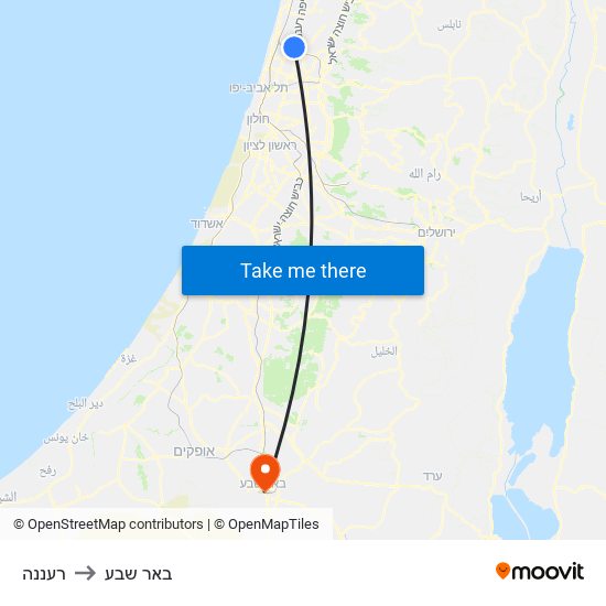 רעננה to באר שבע map