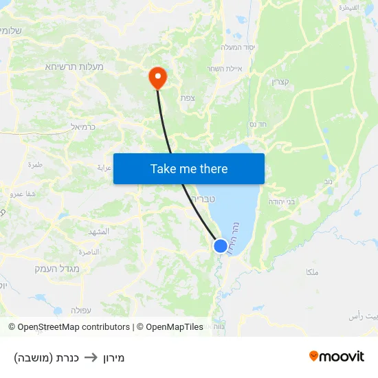 כנרת (מושבה) to מירון map