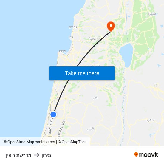 מדרשת רופין to מירון map